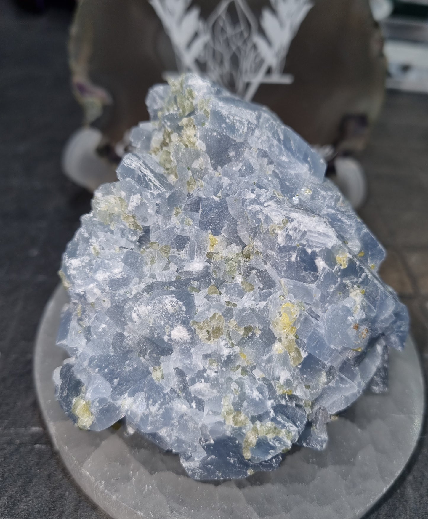 Blue Calcite Raw With Green Peridot Inclusions