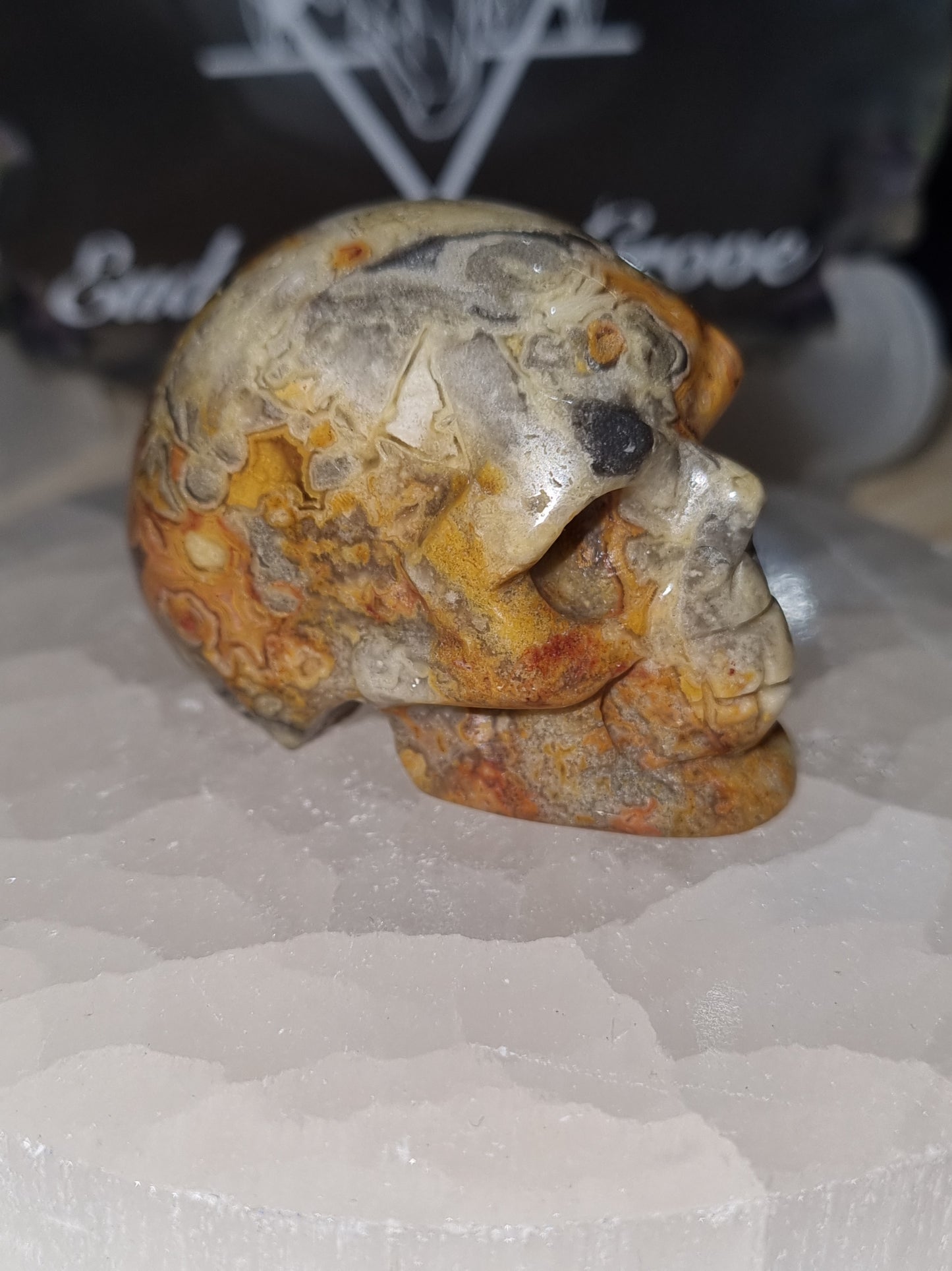 Crazy Lace Agate Skull Carving