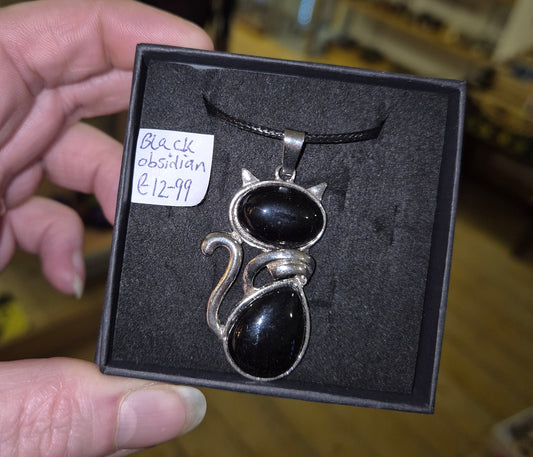 Black Obsidian Cat Necklace Gift Boxed