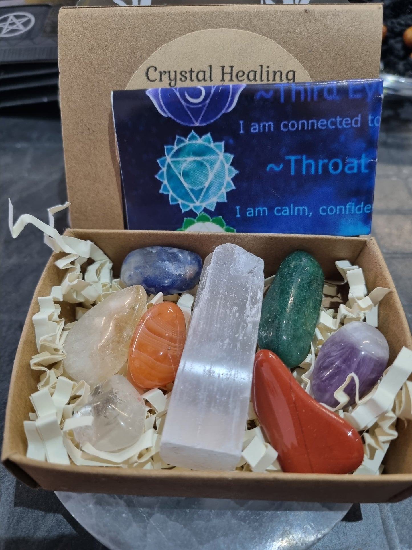 Crystal Healing Chakra Set With Selenite Stick For Cleansing and a leaflet